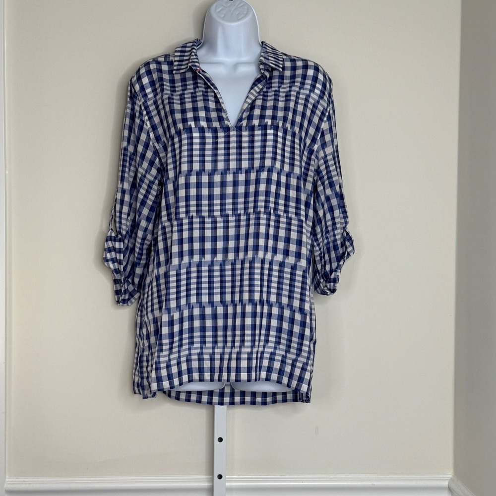 Tommy Bahama Blue Plaid Cotton Button Up Shirt Tunic Roll Tab Sleeve M Preloved‎